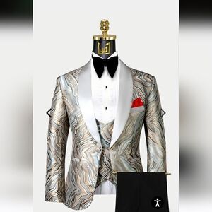 Gentlemens guru  abstract print gold and champagne tuxedo jacket and vest